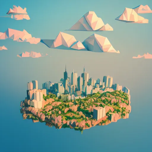 Image similar to floating island with new york city in the sky, low poly, isometric art, 3d art, high detail, artstation, concept art, behance, ray tracing, smooth, sharp focus, ethereal lighting