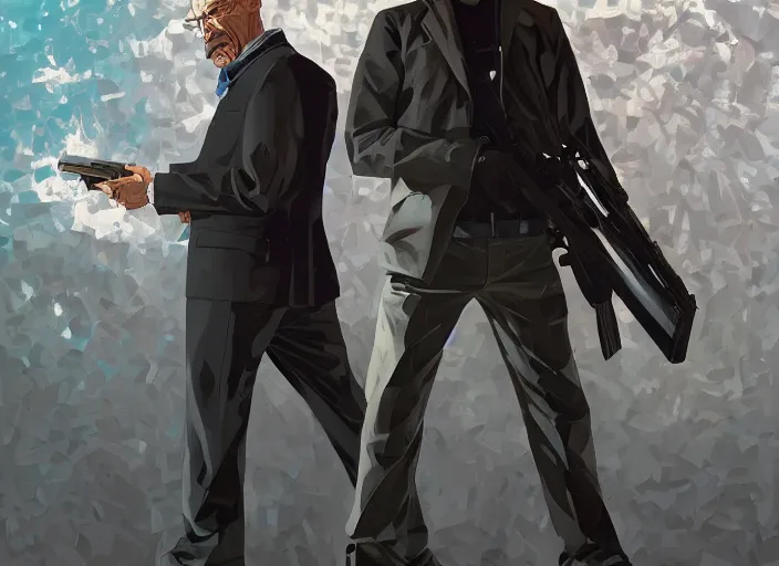 Image similar to a portrait of walter white holding a shotgun, digital painting masterpiece, advanced lighting technology, stylized yet realistic anatomy and face, gorgeous, by shigenori soejima and bastien vives and balak and michael sanlaville, 4 k wallpaper, cinematic, gorgeous brush strokes, coherent and smooth