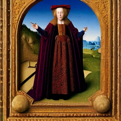 Prompt: the arnolfini portrait by jan van eyck, accurate, 8 k, extreme detail, highly ornate intricate details,