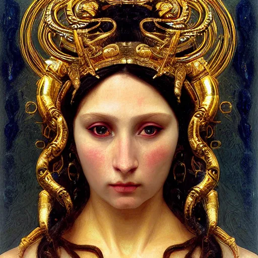 Image similar to painting portrait of hel goddess of the death, viking culture, intricate, elegant, digital painting, smooth, sharp focus, shiny gold, realistic gold, realistic metal, by william - adolphe bouguereau and gustav klimt,