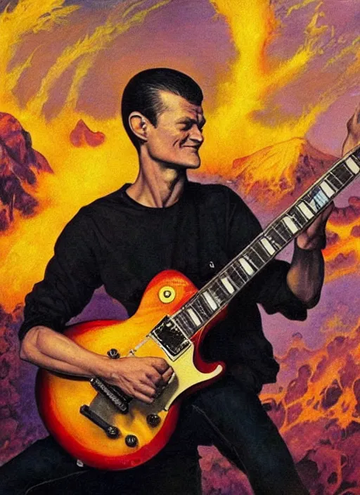 Prompt: vitalik buterin shredding on a gibson les paul, painting by frank frazetta, heavy metal artwork, bad motherfucker playing a face - melting solo while a volcano erupts, high intensity ethereum marketing
