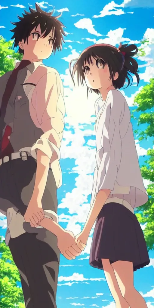 Image similar to a man and a woman holding hands under a beautiful sun drawn like the anime Your Name anime,