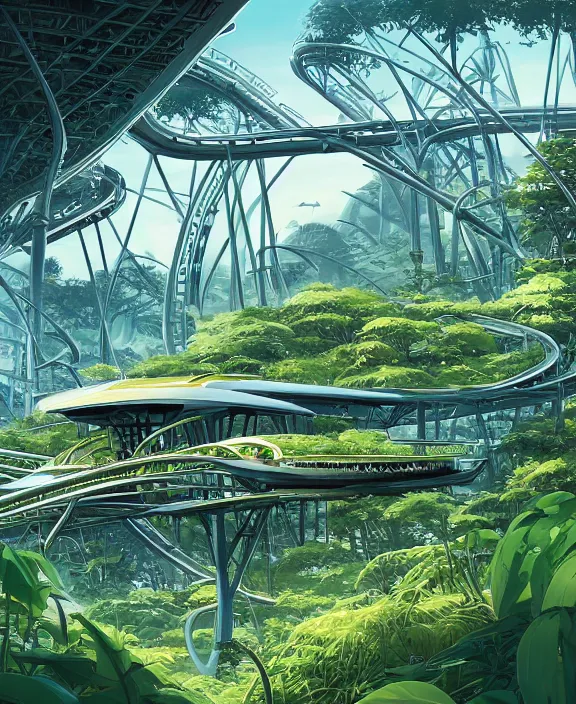 Image similar to simplicity, elegance, a roller coaster building made out of simple organic forms, in the style of a streamlined asymmetrical spaceship, overgrown with jungle, bleak apocalyptic environment, by dan mumford, yusuke murata, makoto shinkai, ross tran, cinematic, unreal engine, cel shaded, featured on artstation, pixiv