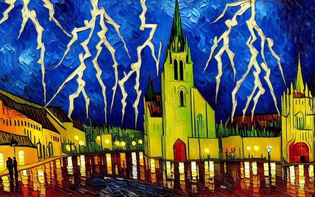 Image similar to detailed expressionist oil painting by van gogh of lightning storm over a tall gothic church, landscape painting, expressionism, 8 k resolution, smooth, sharp focus, matte painting