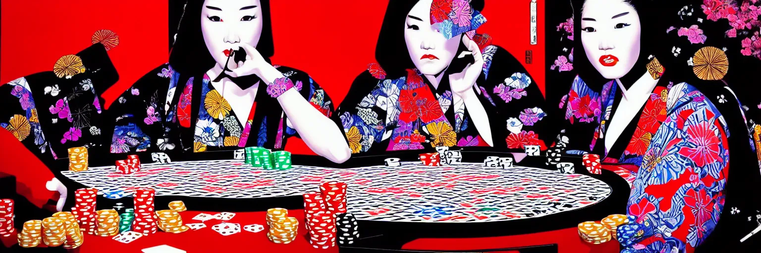 Image similar to hyperrealism composition of the detailed woman in a japanese kimono sitting at an extremely detailed poker table with darth vader, terminator, fireworks on the background, pop - art style, jacky tsai style, andy warhol style, acrylic on canvas