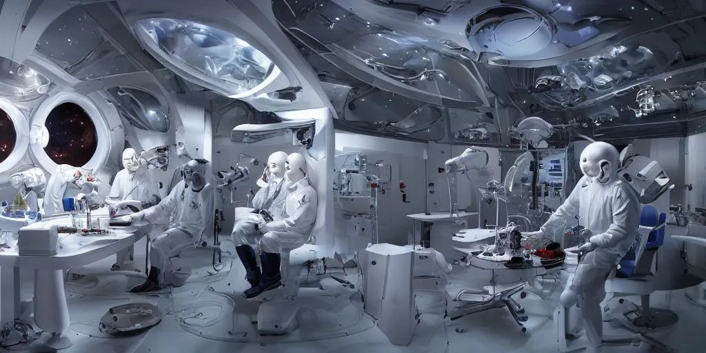 Prompt: different kinds of extraterrestrial scientists creating an artificial human brain in their spaceship lab, hyper realistic, highly detailed, sharp focus, depth of field, sci - fi