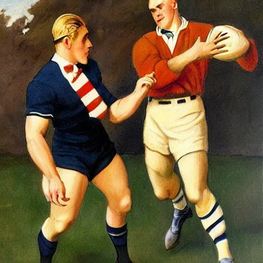 Image similar to 1920s a handsome blonde rugby player tackling a handsome brunette rugby player, rugby ball in the air, full color painting by J.C. Leyendecker