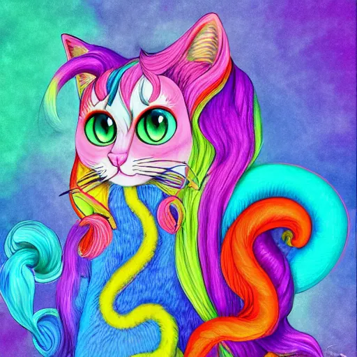 Image similar to cat seahorse shapeshifter, long haired humanoid fursona, detailed painterly digital art by lisa frank and louis wain, furaffinity, cgsociety, trending on artstation