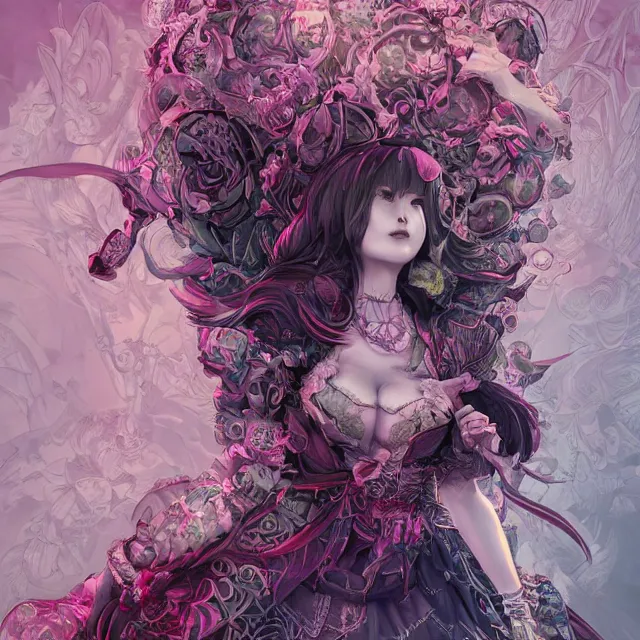 Image similar to the portrait of chaotic evil female necromancer mastermind as absurdly beautiful, gorgeous, elegant, cute young gravure idol, an ultrafine hyperdetailed illustration by kim jung gi, irakli nadar, intricate linework, bright colors, octopath traveler, final fantasy, unreal engine 5 highly rendered, global illumination, radiant light, detailed and intricate environment