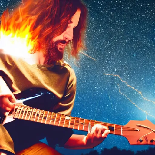 Image similar to bokeh photo of jesus rocking out with electric guitar surrounded by fire, with meteor shower in the background