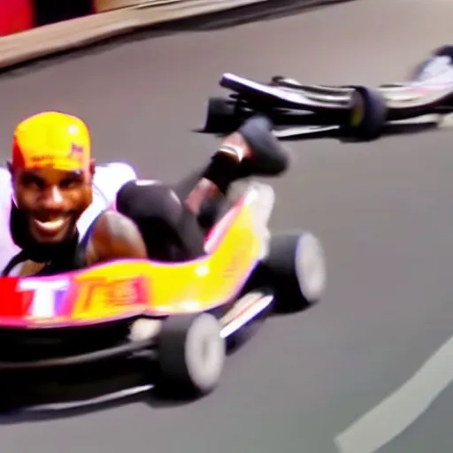 Prompt: youtube thumbnail about lebron james go karting