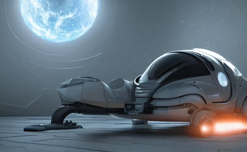 Image similar to a spaceship version of the vw beetle floating in the space, masterpiece, hyperrealistic, futuristic, symmetrical, octane render, unreal engine 5, path traced, highly detailed, high quality, 8 k, cinematic, high coherence, soft lighting, spacecraft, bloom