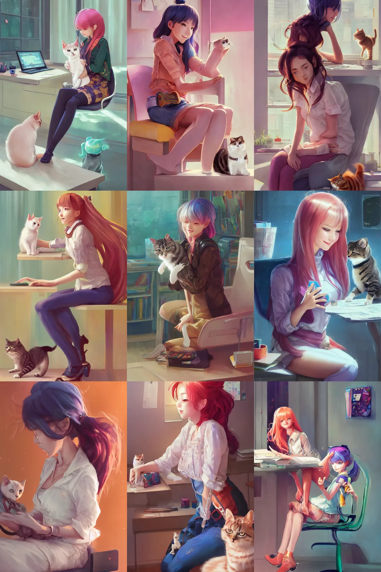 Prompt: a beautiful android girl sitting in her office petting a cat in her lap | | cute - fine - subtle smile, colorful hair, face, pretty face, fine details by stanley artgerm lau, wlop, rossdraws, james jean, andrei riabovitchev, marc simonetti, and sakimichan, trending on artstation