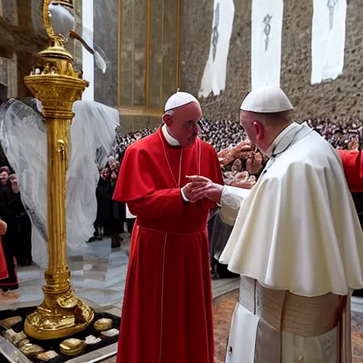 Image similar to the pope giving out communion to a fascist, 8k