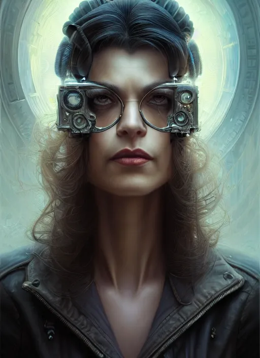 Image similar to closeup portrait shot of a female detective in a scenic cyberpunk mystery environment, intricate, elegant, highly detailed, centered, digital painting, artstation, concept art, smooth, sharp focus, illustration, artgerm, tomasz alen kopera, peter mohrbacher, donato giancola, joseph christian leyendecker, wlop, boris vallejo