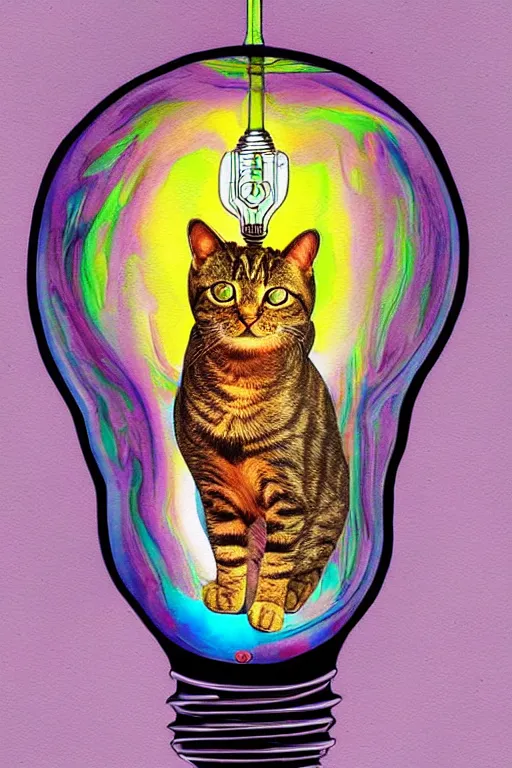 Image similar to portrait of a cat's head inside an upside down light bulb, modern fine art, intricate, elegant, subsurface scattering, highly detailed, pop art painting, organic acrylic flow art, psychedelic fractal art, acrylic art, watercolor, featured on deviantart, cgsociety