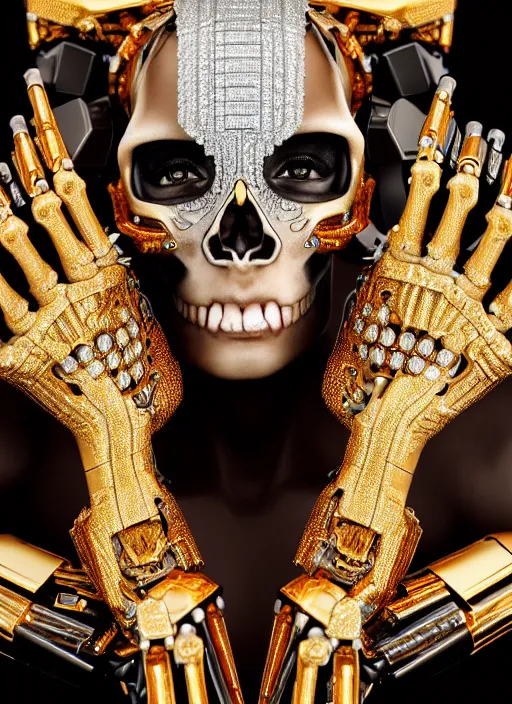 Prompt: a stunning young female cyborg - skull ribs made of gold, gemstones, diamonds, unreal engine, glamor shot, nikon d 7 5 0, closeup, f / 2. 8, low contrast, 1 6 k, rim lighting, optical fiber, cinematic lighting, insanely detailed and intricate, hypermaximalist, elegant, ornate, hyper realistic,