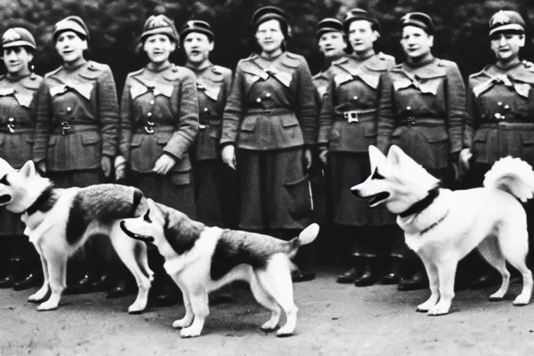 Image similar to ultra wide historical far away photo of young queen elizabeth and her corgi army conquering nazi germany, sharp focus, highly detailed