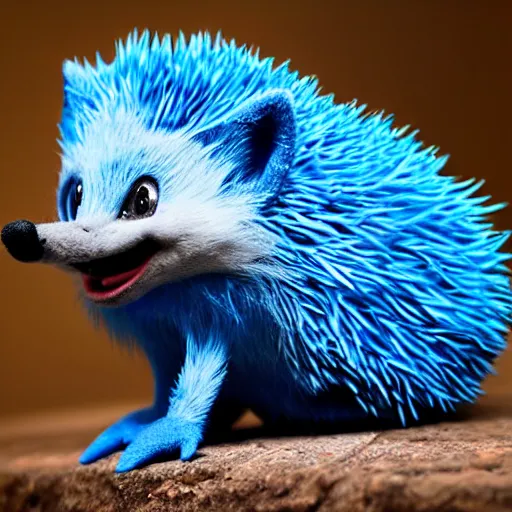 Prompt: nature documentary footage of a blue hedgehog wearing little red shoes, natural habitat, hi - res still, beautiful lighting