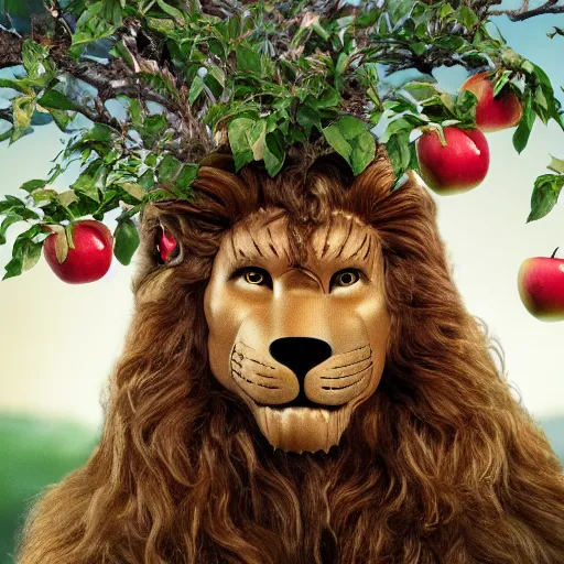 Prompt: detailed portrait center full shot of the cowardly lion from oz with apple trees, 8k