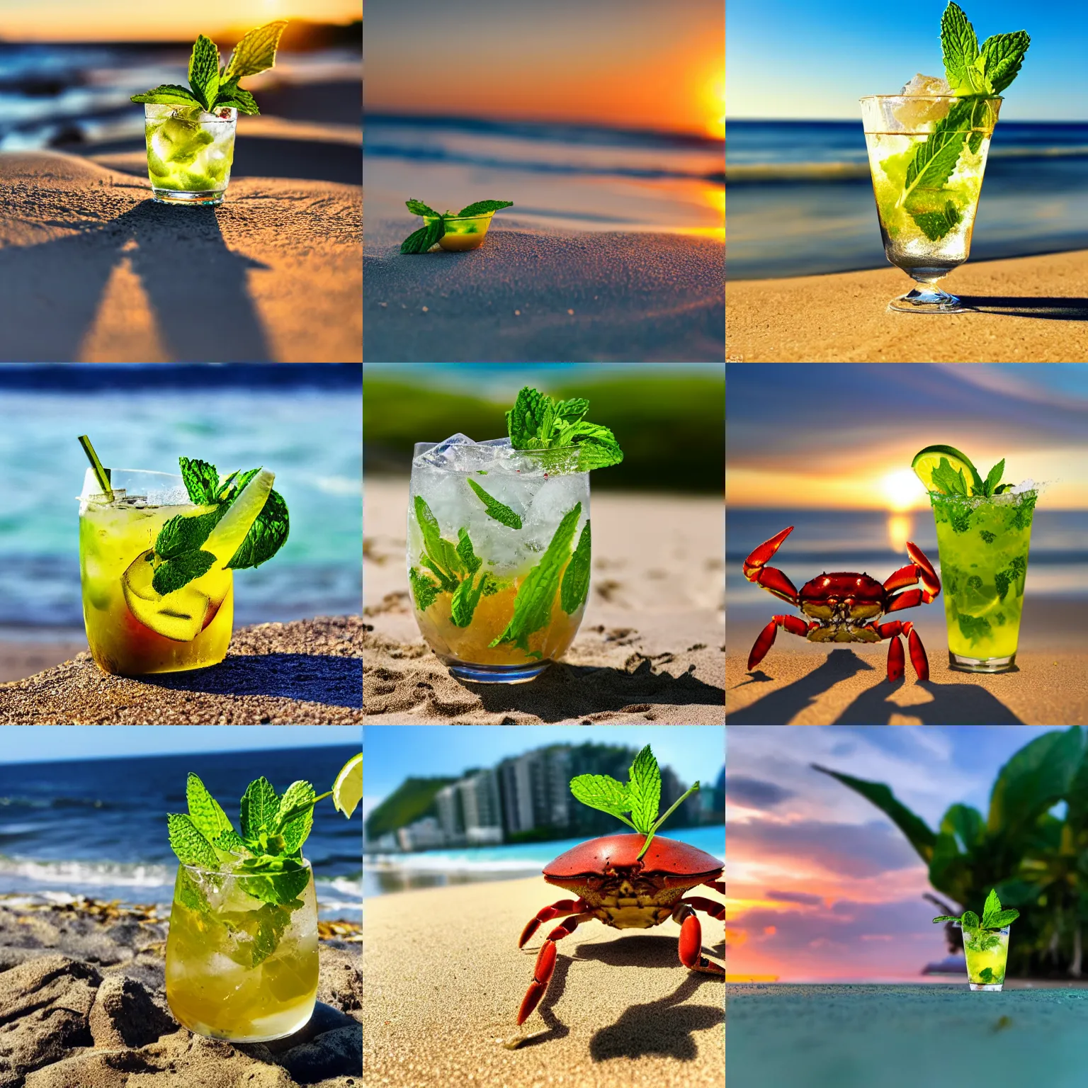 Image similar to photo of a crab drinking a mojito at the beach, golden hour, Breathtaking, 8k resolution, extremely detailed, beautiful, establishing shot, artistic