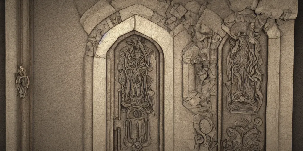 Image similar to 3 d render of a mystical door, ultra detailed with carved stone