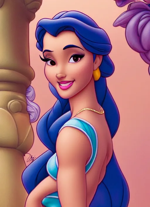 Prompt: gorgeous disney princess jasmine and princess belle, professionally retouched, muted colors, soft lighting, realistic, smooth face, full body shot, torso, dress, perfect eyes, sharp focus on eyes, 8 k, high definition, insanely detailed, intricate, elegant, art by j scott campbell and artgerm