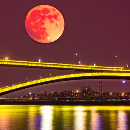 Prompt: two modern cities at night separated by a bay reflecting a red moon, connected by two bridges