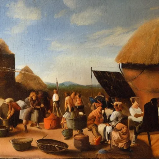 Prompt: a huge dutch oven with people drinking in front of it, oil painting