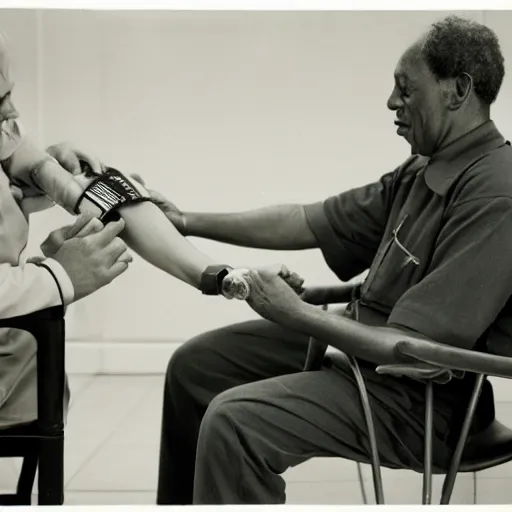 Image similar to a man sitting on a chair having his blood pressure measured by a nurse, photograph