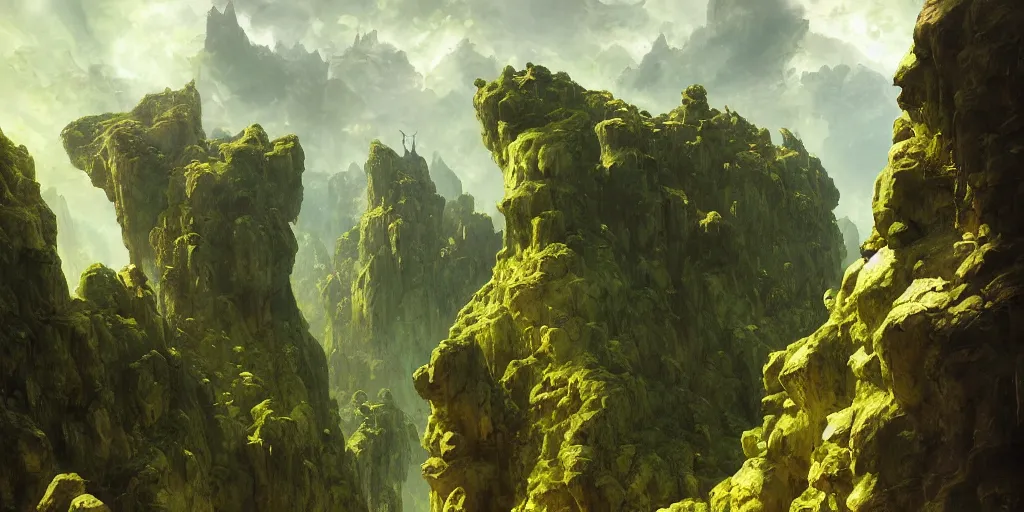 Prompt: huge cave ceiling towns, villages castles buildings bytopia planescape clouds made of green earth inverted upsidedown mountain surreal artstation illustration sharp focus sunlit vista painted by ruan jia raymond swanland lawrence alma tadema zdzislaw beksinski norman rockwell tom lovell alex malveda greg staples