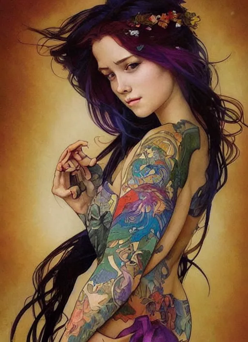 Image similar to a young woman with beautiful rainbow hair and lots of tattoos on her arms and chest. beautiful painting by artgerm and greg rutkowski and alphonse mucha