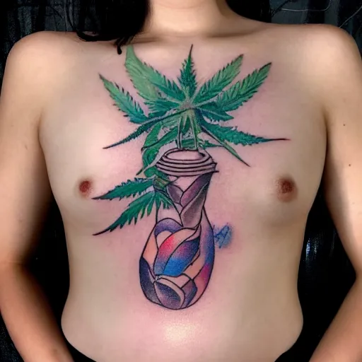 Prompt: an ultra realistic 8 k hdr photo of an award winning healed color tattoo of a hemp bud on a girls chest in japanese style
