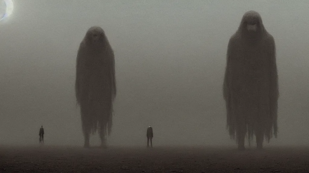 Image similar to a giant creature stalks us at night, film still from the movie directed by Denis Villeneuve with art direction by Zdzisław Beksiński, wide lens