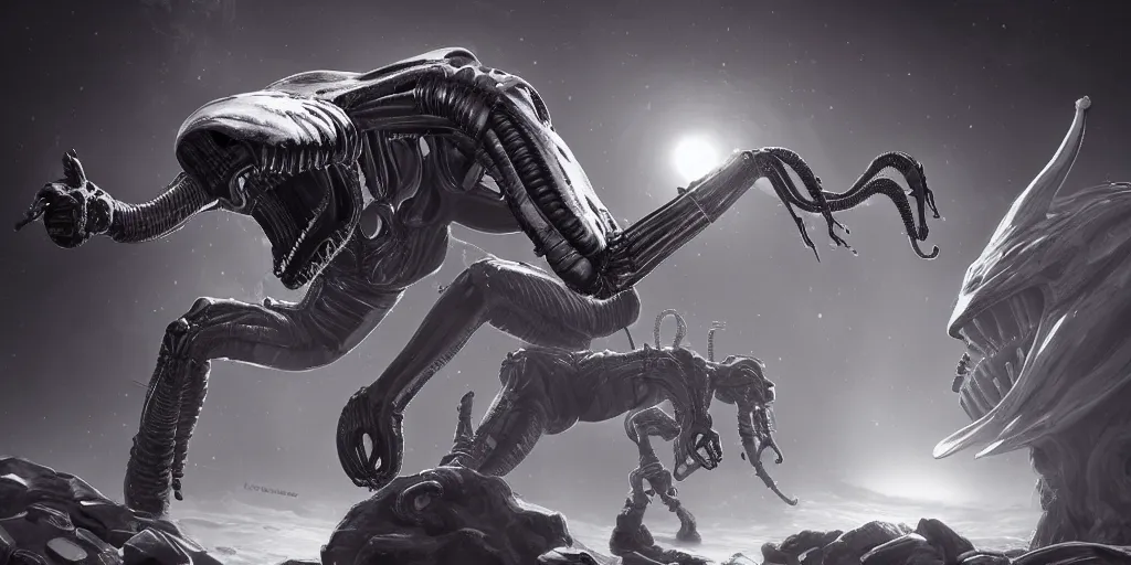Image similar to single mono colossus white android fighting xenomorphs, mars, artstation cinematic