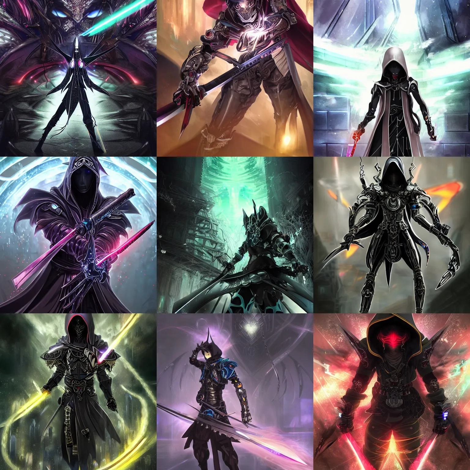 Prompt: Powerful intricate part-cybernetic dark hooded assassin sword fighting the warrior god of chaos, beautiful high quality realistic anime CGI from Makoto Shinkai, fantasy, detailed, iridescent, technological, gothic influence, royal, colorful, epic, explosions of power, precious gems, smoke, thunderous battle, fluorescent colors, ornate crystal crown hood, epic, futuristic, intricate, dark, sparkling, background megastructure, water, smooth anime CG art, iridescent, fluorescent colors, rainbow aura crystals, animation, in the style of Makoto Shinkai