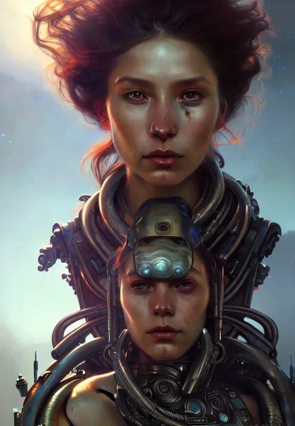 Image similar to portrait painting of a futuristic rugged female rebel, alien world, colonisation, ultra realistic, concept art, intricate details, eerie, highly detailed, photorealistic, octane render, 8 k, unreal engine. art by artgerm and greg rutkowski and alphonse mucha