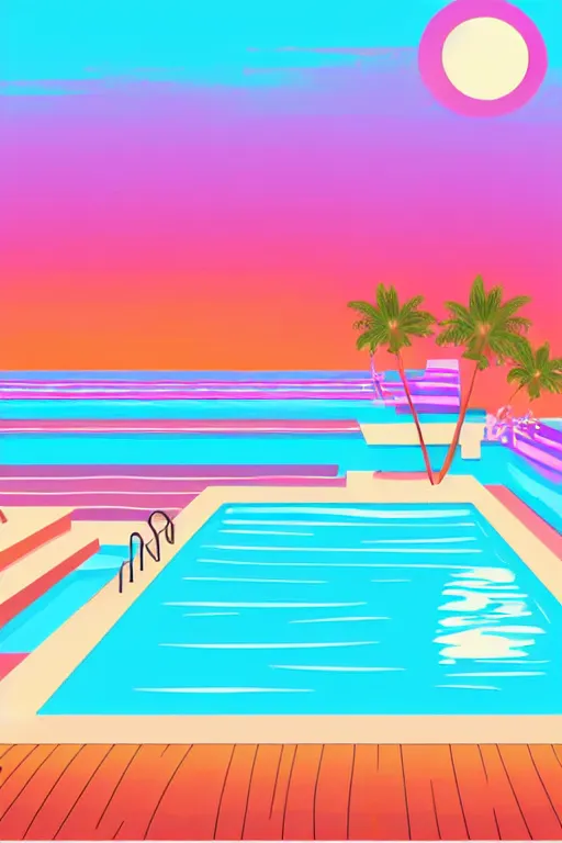 Prompt: minimalist boho style art of colorful swimming pool at sunset, illustration, vector art