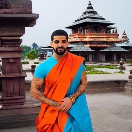 Prompt: drake posing for photo, hindu temple in background
