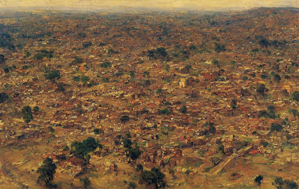 Prompt: walled city of abeokuta in nigeria from above, 1885, bright colors oil on canvas, by Ilya Repin