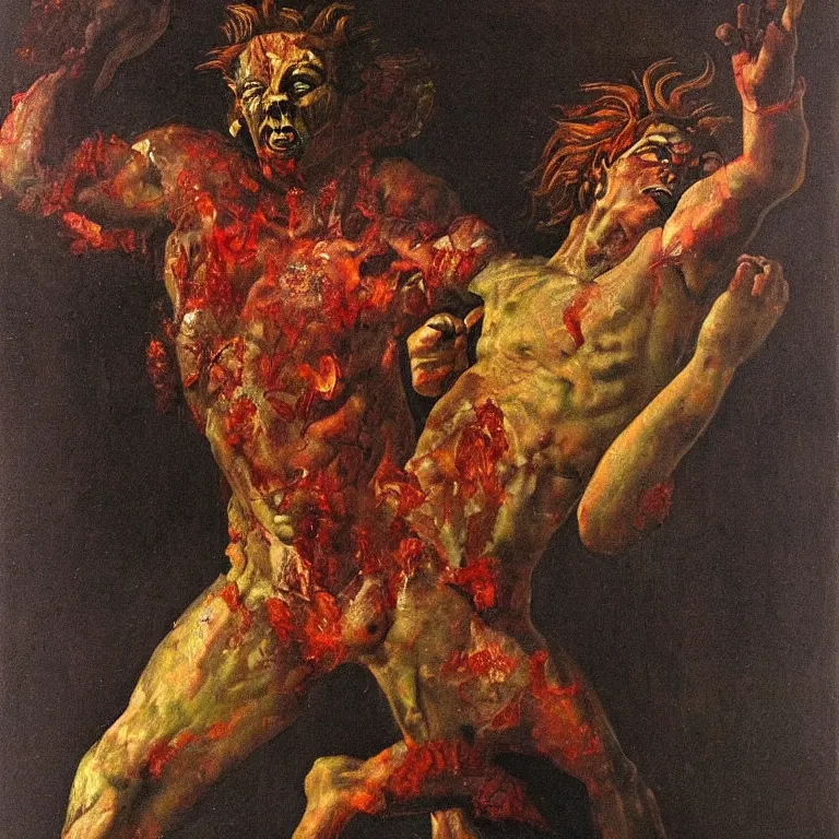 Prompt: raw, unsettling portrait of Dionysus, the Greek god of wine, tearing out his heart by 20th-century artist Francis Bacon