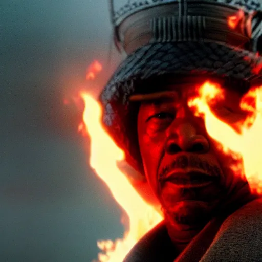 Image similar to cinematic film still of Morgan Freeman starring as a Samurai holding fire, Japanese CGI, VFX, 2022, 40mm lens, shallow depth of field, film photography