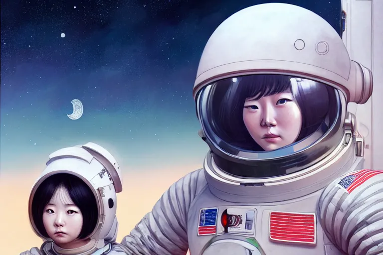 Image similar to portrait of lee chae - rin in a spacesuit frowning, moon base with earth in the night sky, artgerm, ilya kuvshinov, krenz cushart, ruan jia, realism, ultra detailed, 8 k resolution