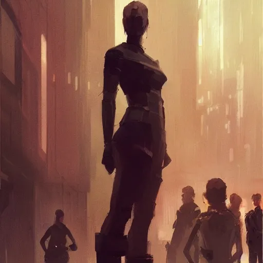 Image similar to concept art by greg rutkowski, a very tall, and slender woman with blond hair, talking with a very tall and slender mand with short black hair, brutalist futuristic interior, dark lighting atmosphere, detailed portraits, nostalgic atmosphere, scifi, digital painting, artstation, concept art, smooth, sharp foccus ilustration, artstation hq