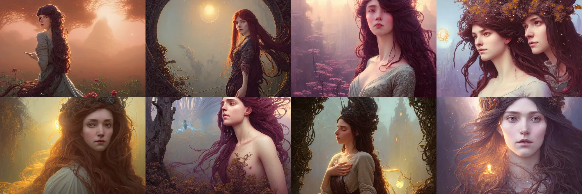 Image similar to highly detailed portrait of a woman with long hairs, stephen bliss, unreal engine, fantasy art by greg rutkowski, art nouveau, loish, rhads, ferdinand knab, makoto shinkai and lois van baarle, ilya kuvshinov, rossdraws, tom bagshaw, alphonse mucha, global illumination, radiant light, detailed and intricate environment