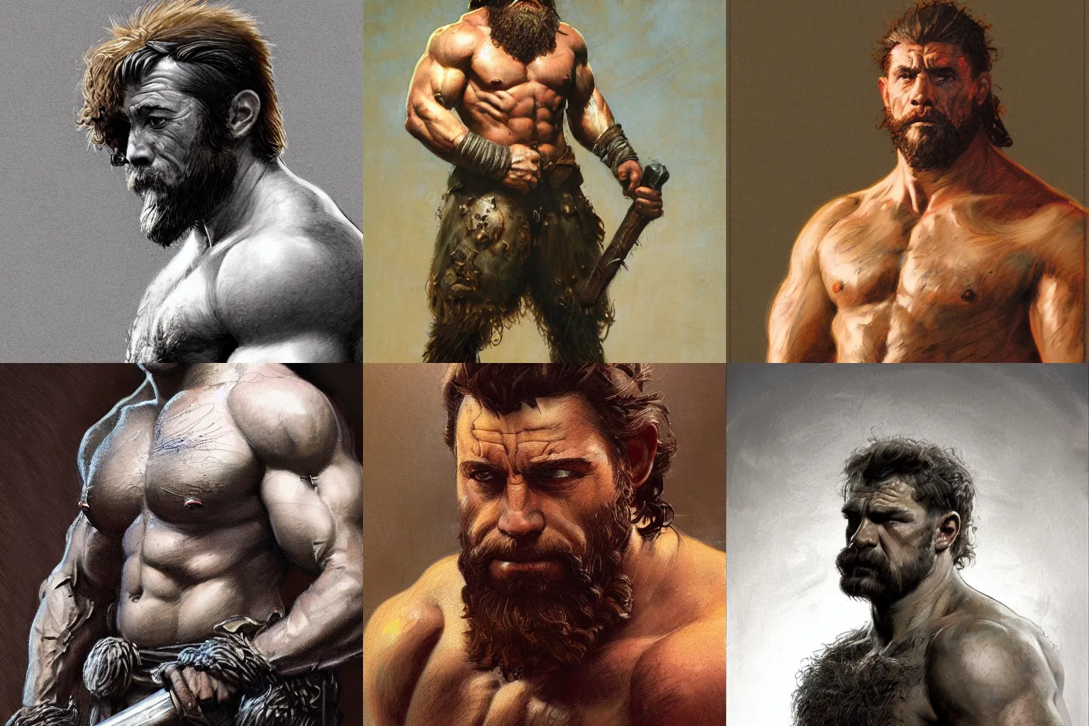 Image similar to portrait of a young sad rugged barbarian, muscular , manowar, upper body, hairy torso, D&D, fantasy, intricate, cinematic lighting, highly detailed, digital painting, artstation, concept art, smooth, sharp focus, illustration by Frank Frazetta, art by Francis Bacon and Greg Rutkowski and Alphonse Mucha