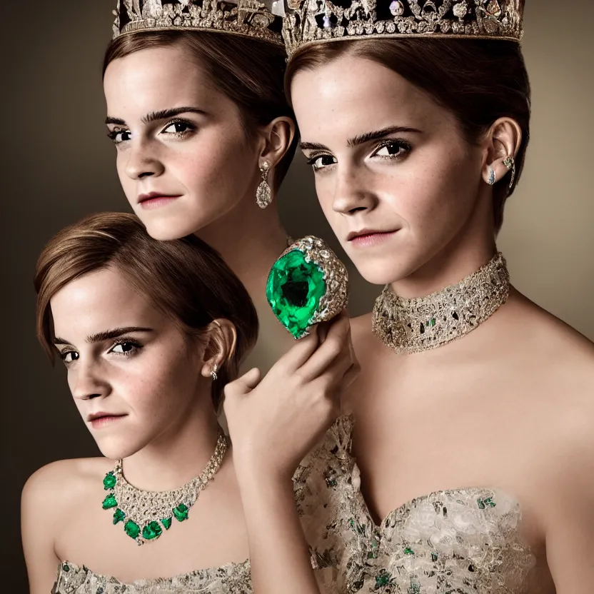 Image similar to emma watson as queen, big crown adorned with emerald, diamonds, topaz and other jewellaries, sensual, beautiful soft light failling on her face, studio photography, nikon 3 5 mm portrait photography, ultra realistic