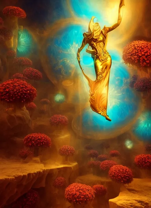 Image similar to flowers within the whole infinite capsule apparent with awe the apparition, an idea seep's into infinity highly detailed in volumetric latent space, golden turquoise steampunk, high contrast cinematic light, mystical shadows, sharp focus, divine realm of gods, octane render, artist by boris vallejo,