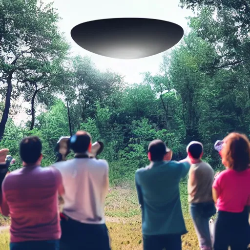 Image similar to a group of people looking at a ufo in the sky, shot on an iphone 1 3