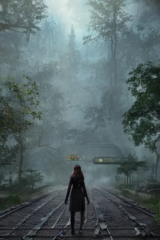 Image similar to Matte painting art of girl standing at the old train station looking to the train, old train heading to station with lights on, fantasy dense forest with a lot of detail, the tracks covered with vegetation, highly detailed, 4k, 8k resolution, trending on artstation, octane render, unreal engine, cinematic